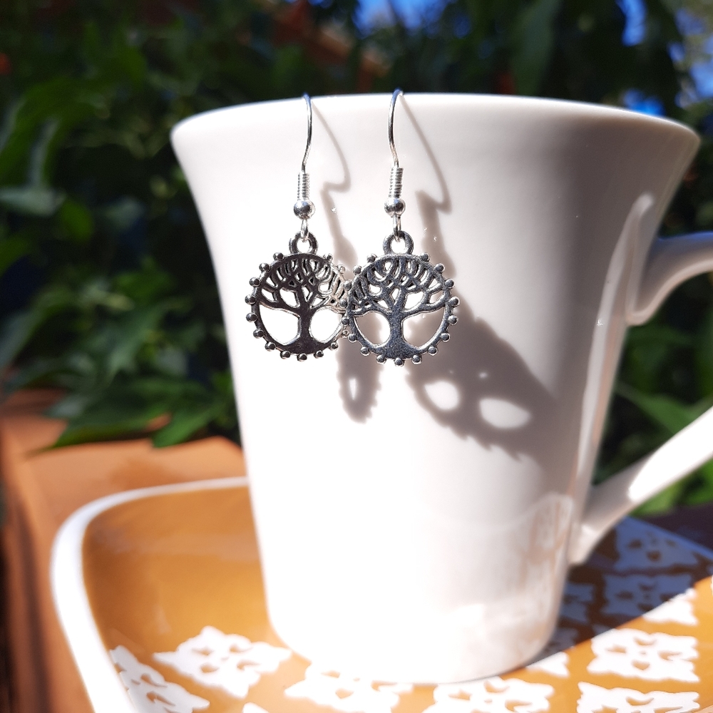 Tree of Life Round Edge Detail Dangle Earrings